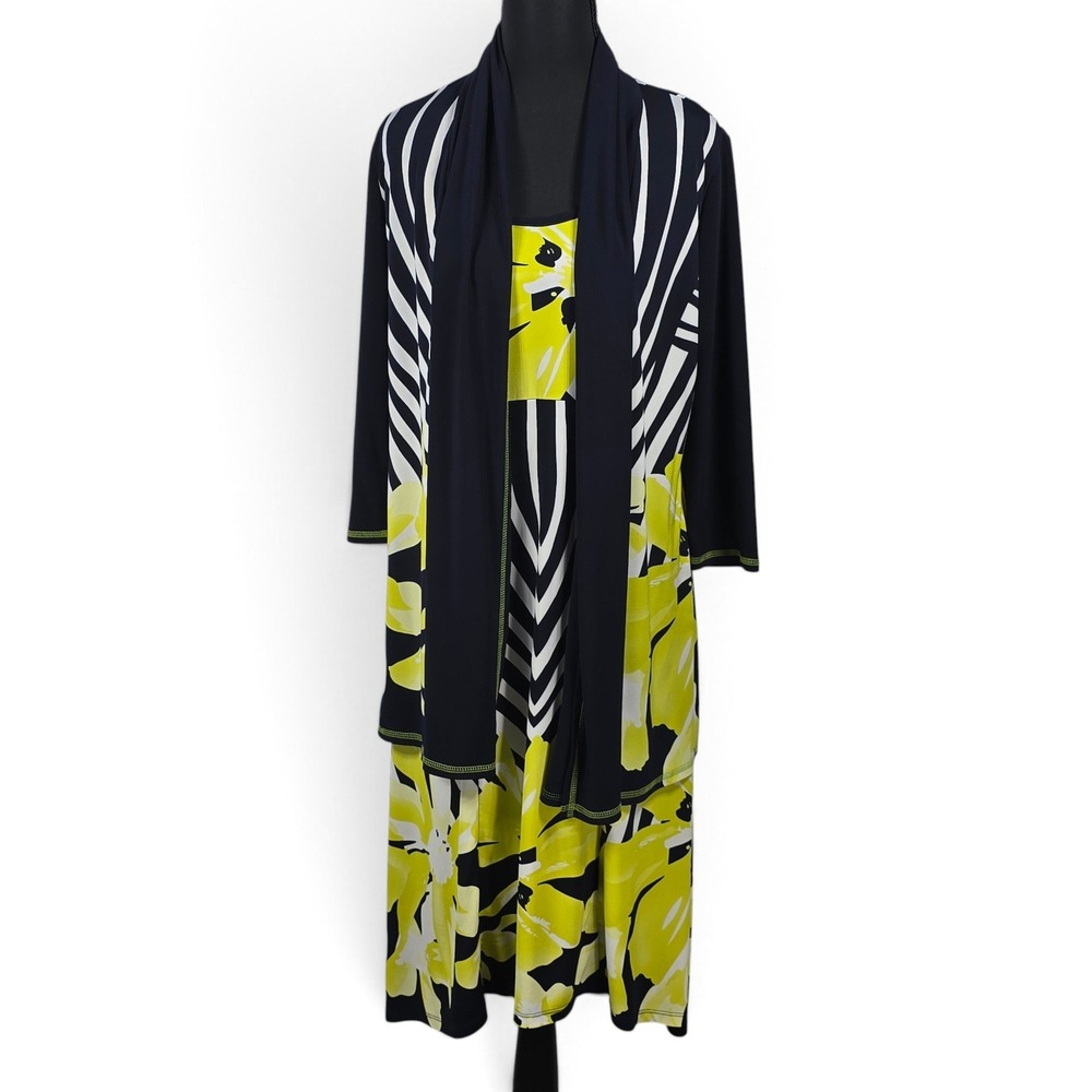 Artex Fashions Dress Set Women Medium Floral Stripe Navy Yellow High-Low Midi